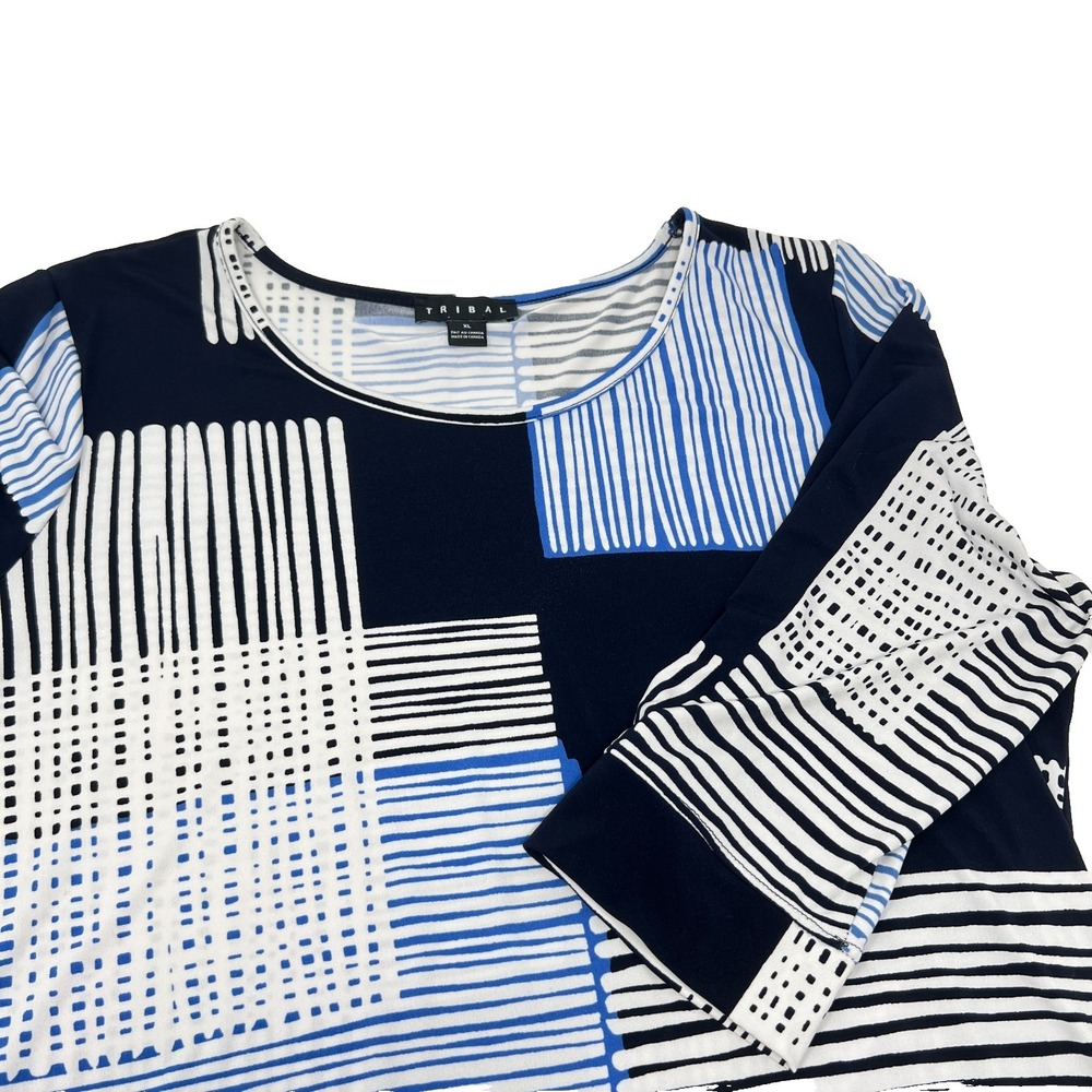 Tribal Women's Size XL Geometric White Blue 3/4 Sleeve Pattern Boat Neck Shirt